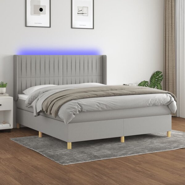 vidaXL Boxspringbett mit Matratze &amp; LED Hellgrau 180x200 cm Stoff