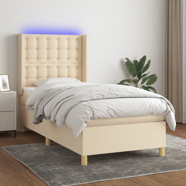 WOWONA Boxspringbett mit Matratze &amp; LED Creme 90x200 cm Stoff