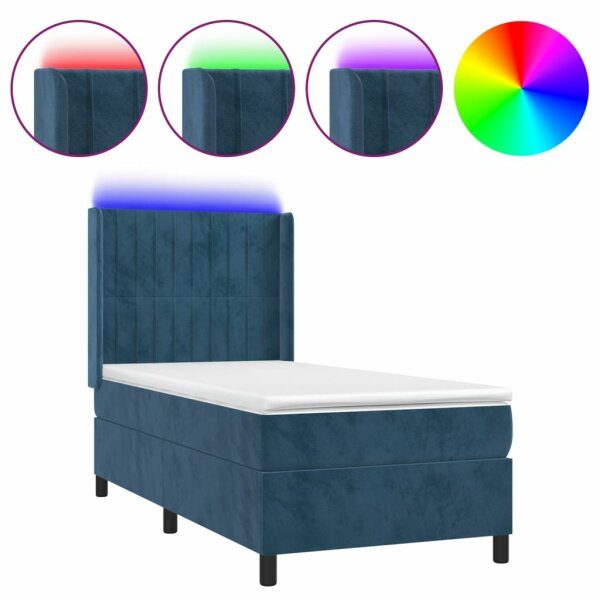 vidaXL Boxspringbett mit Matratze &amp; LED Dunkelblau 90x190 cm Samt