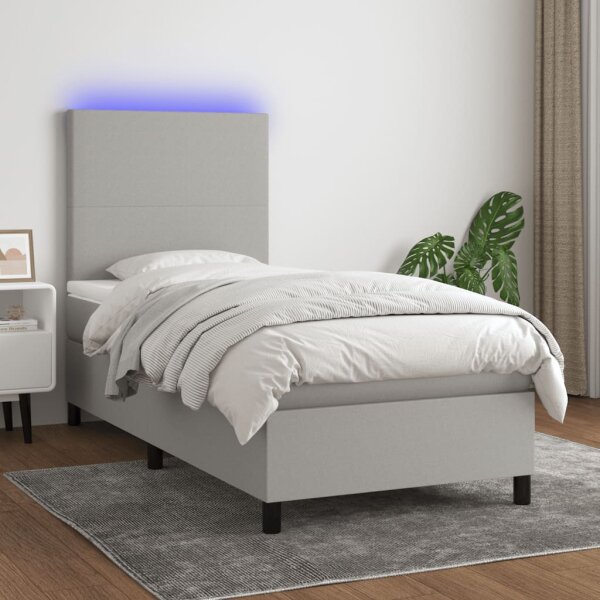 vidaXL Boxspringbett mit Matratze &amp; LED Hellgrau 90x190 cm Stoff