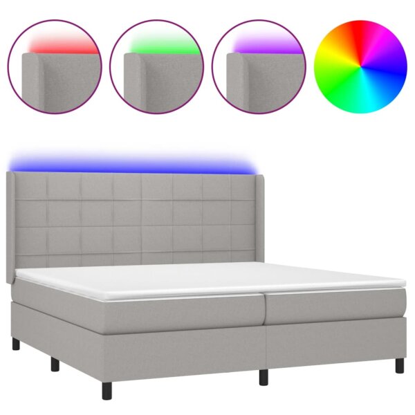 WOWONA Boxspringbett mit Matratze &amp; LED Hellgrau 200x200 cm Stoff