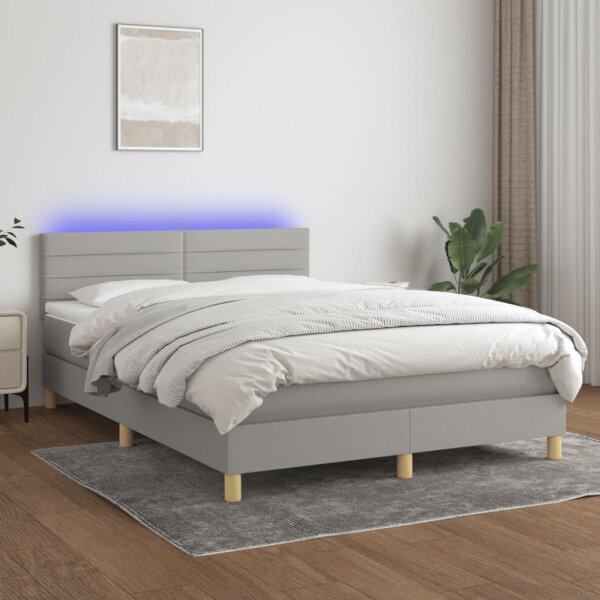 vidaXL Boxspringbett mit Matratze &amp; LED Hellgrau 140x200 cm Stoff