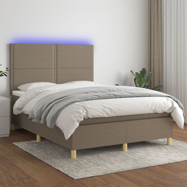 vidaXL Boxspringbett mit Matratze &amp; LED Taupe 140x200 cm Stoff