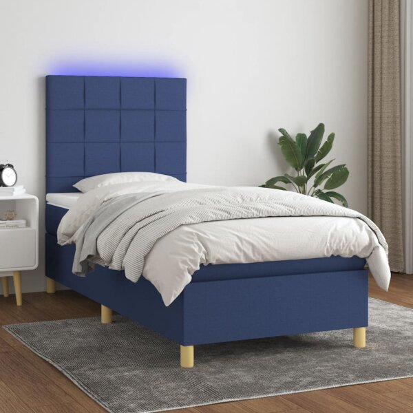 vidaXL Boxspringbett mit Matratze &amp; LED Blau 90x200 cm Stoff