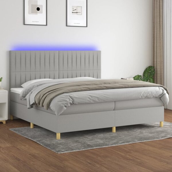 vidaXL Boxspringbett mit Matratze &amp; LED Hellgrau 200x200 cm Stoff