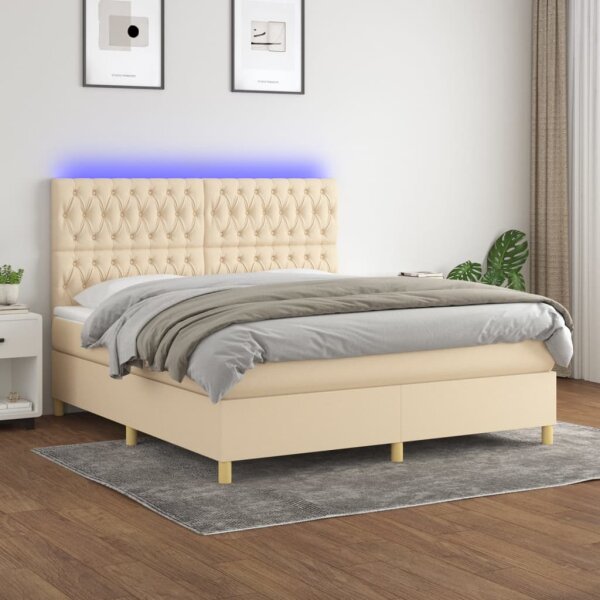 vidaXL Boxspringbett mit Matratze &amp; LED Creme 180x200 cm Stoff