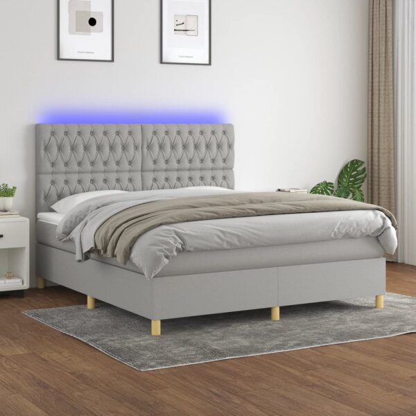 vidaXL Boxspringbett mit Matratze &amp; LED Hellgrau 180x200 cm Stoff