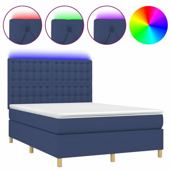 vidaXL Boxspringbett mit Matratze &amp; LED Blau 140x190 cm Stoff