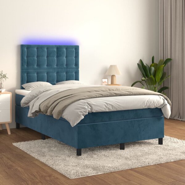 WOWONA Boxspringbett mit Matratze &amp; LED Dunkelblau 120x200 cm Samt