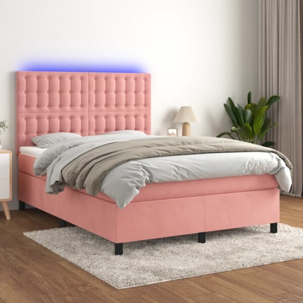 vidaXL Boxspringbett mit Matratze &amp; LED Rosa 140x190 cm Samt