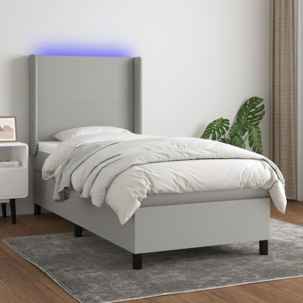 vidaXL Boxspringbett mit Matratze &amp; LED Hellgrau 100x200 cm Stoff