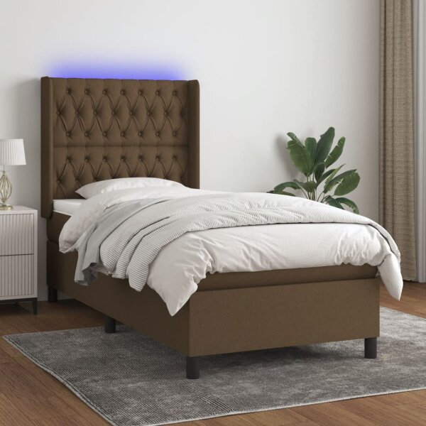 vidaXL Boxspringbett mit Matratze &amp; LED Dunkelbraun 90x190 cm Stoff