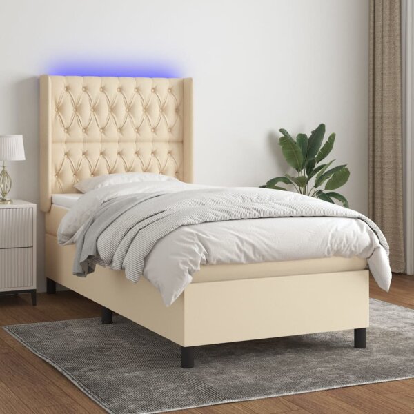 WOWONA Boxspringbett mit Matratze &amp; LED Creme 90x200 cm Stoff