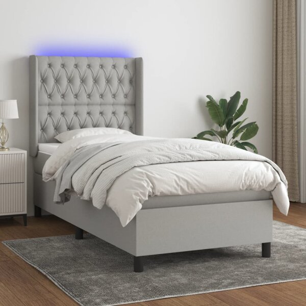 vidaXL Boxspringbett mit Matratze &amp; LED Hellgrau 100x200 cm Stoff