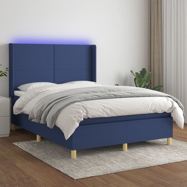 vidaXL Boxspringbett mit Matratze &amp; LED Blau 140x190 cm Stoff