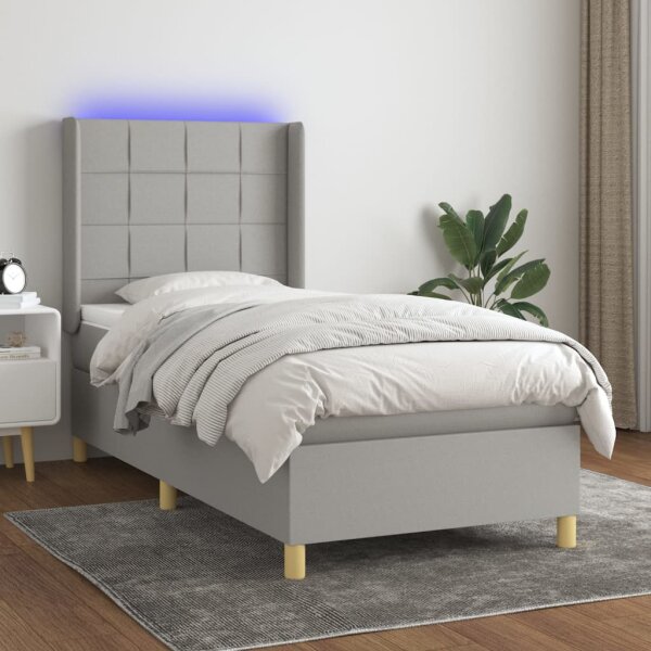 vidaXL Boxspringbett mit Matratze &amp; LED Hellgrau 90x190 cm Stoff