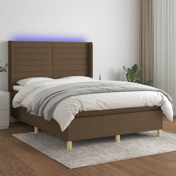 vidaXL Boxspringbett mit Matratze &amp; LED Dunkelbraun 140x200 cm Stoff