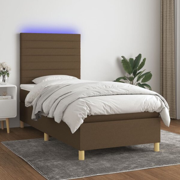 vidaXL Boxspringbett mit Matratze &amp; LED Dunkelbraun 90x200 cm Stoff