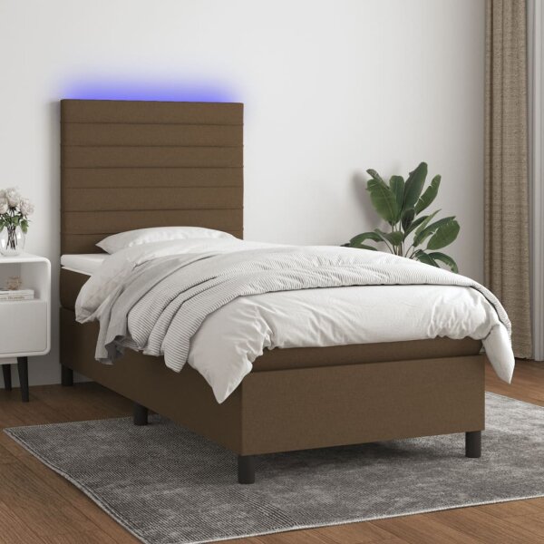 vidaXL Boxspringbett mit Matratze &amp; LED Dunkelbraun 90x190 cm Stoff