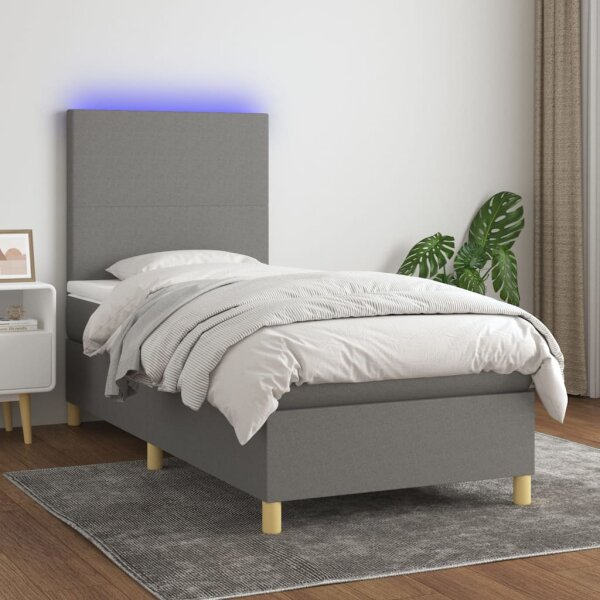 vidaXL Boxspringbett mit Matratze &amp; LED Dunkelgrau 90x190 cm Stoff