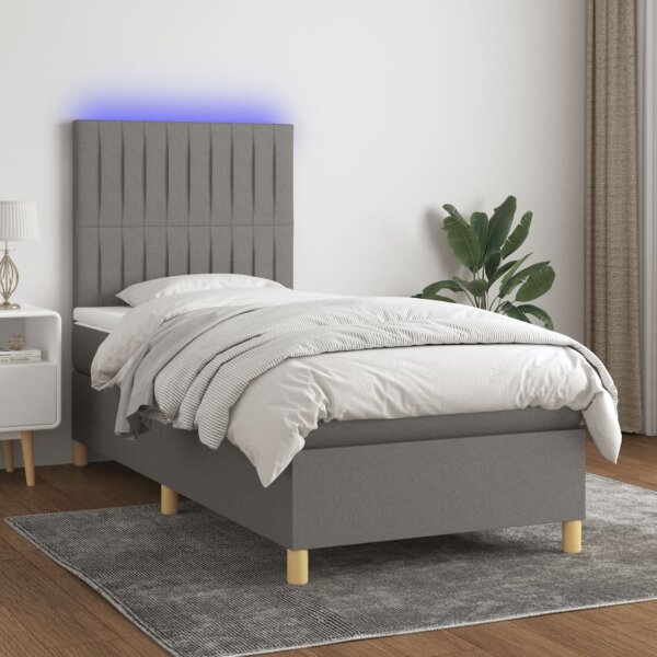 vidaXL Boxspringbett mit Matratze &amp; LED Dunkelgrau 90x190 cm Stoff