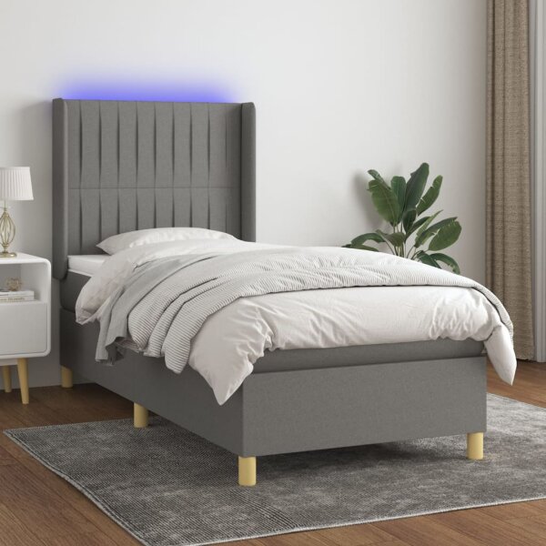 vidaXL Boxspringbett mit Matratze &amp; LED Dunkelgrau 90x190 cm Stoff