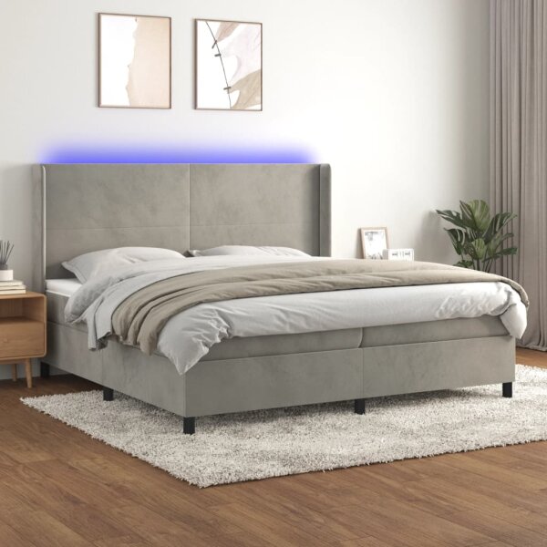 vidaXL Boxspringbett mit Matratze &amp; LED Hellgrau 200x200 cm Samt