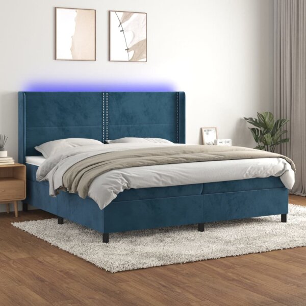 vidaXL Boxspringbett mit Matratze &amp; LED Dunkelblau 200x200 cm Samt