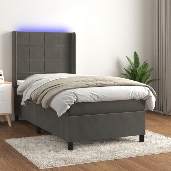 vidaXL Boxspringbett mit Matratze &amp; LED Dunkelgrau 80x200 cm Samt