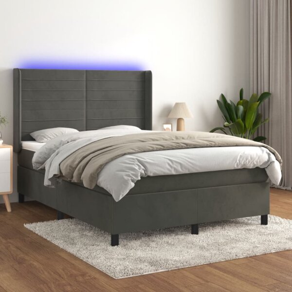 vidaXL Boxspringbett mit Matratze &amp; LED Dunkelgrau 140x200 cm Samt