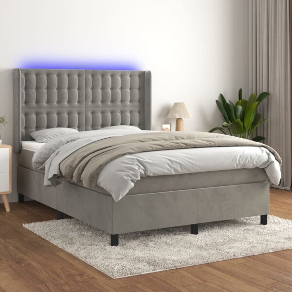 WOWONA Boxspringbett mit Matratze &amp; LED Hellgrau 140x190 cm Samt