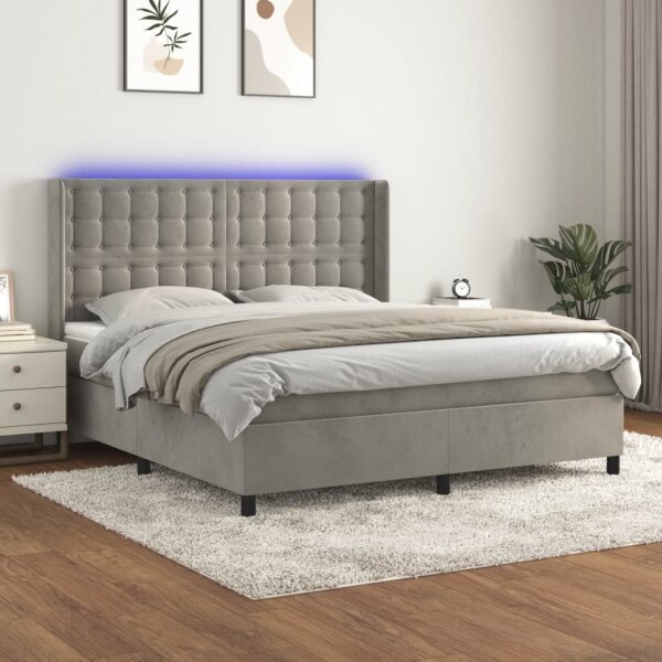 vidaXL Boxspringbett mit Matratze &amp; LED Hellgrau 160x200 cm Samt