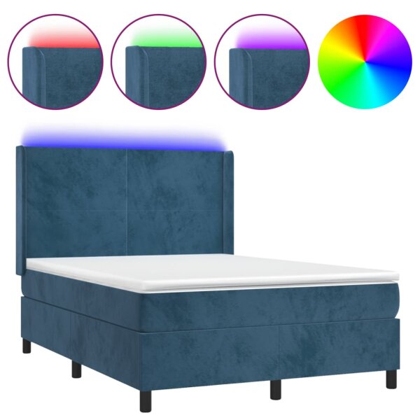 vidaXL Boxspringbett mit Matratze &amp; LED Dunkelblau 140x190 cm Samt