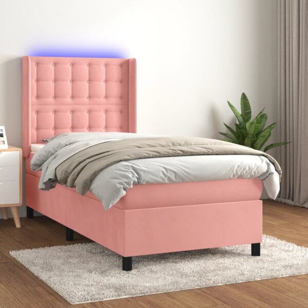 vidaXL Boxspringbett mit Matratze &amp; LED Rosa 90x200 cm Samt