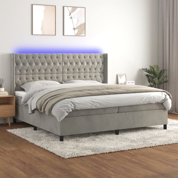 vidaXL Boxspringbett mit Matratze &amp; LED Hellgrau 200x200 cm Samt