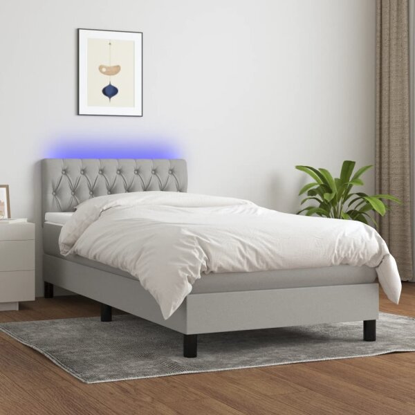 vidaXL Boxspringbett mit Matratze &amp; LED Hellgrau 100x200 cm Stoff