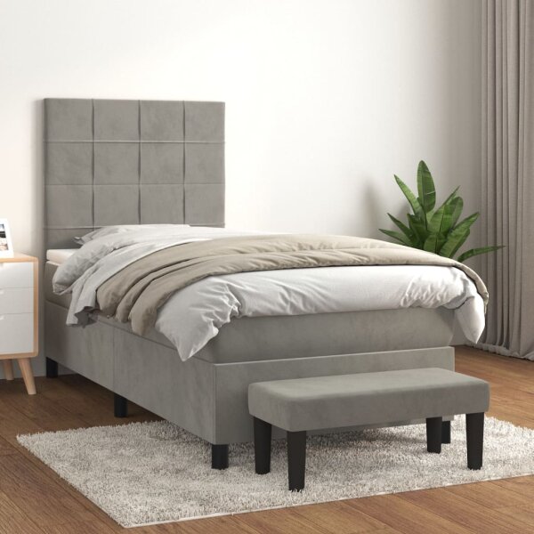 vidaXL Boxspringbett mit Matratze Hellgrau 90x190 cm Samt