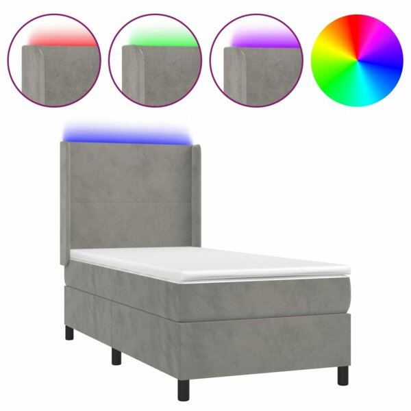 WOWONA Boxspringbett mit Matratze &amp; LED Hellgrau 90x190 cm Samt