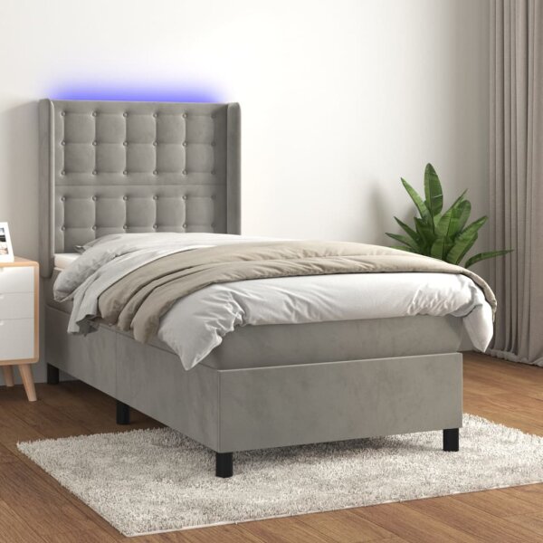 vidaXL Boxspringbett mit Matratze &amp; LED Hellgrau 90x190 cm Samt