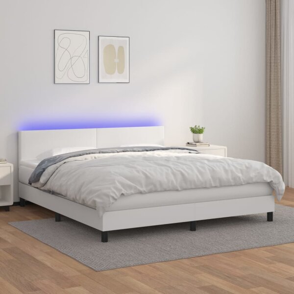 vidaXL Boxspringbett mit Matratze &amp; LED Wei&szlig; 180x200 cm Kunstleder