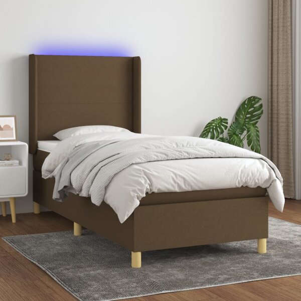 vidaXL Boxspringbett mit Matratze &amp; LED Dunkelbraun 90x200 cm Stoff