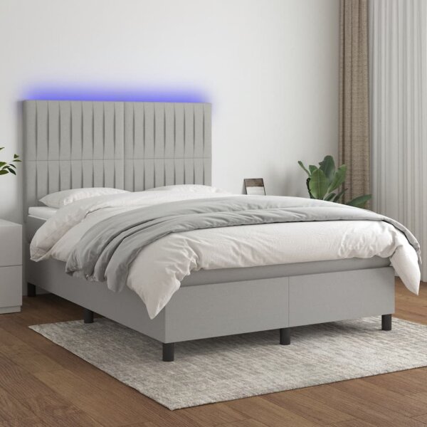 vidaXL Boxspringbett mit Matratze &amp; LED Hellgrau 140x190 cm Stoff