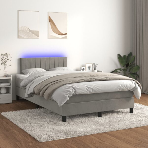 vidaXL Boxspringbett mit Matratze &amp; LED Hellgrau 120x200 cm Samt