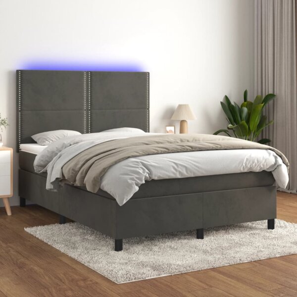 vidaXL Boxspringbett mit Matratze &amp; LED Dunkelgrau 140x200 cm Samt