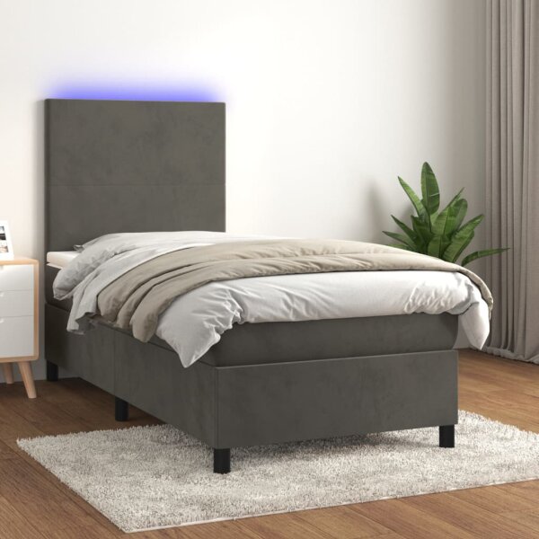 vidaXL Boxspringbett mit Matratze &amp; LED Dunkelgrau 90x190 cm Samt