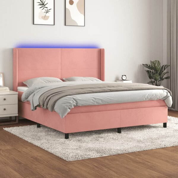 vidaXL Boxspringbett mit Matratze &amp; LED Rosa 160x200 cm Samt