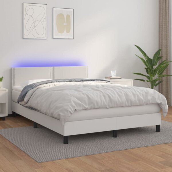 vidaXL Boxspringbett mit Matratze &amp; LED Wei&szlig; 140x190 cm Kunstleder