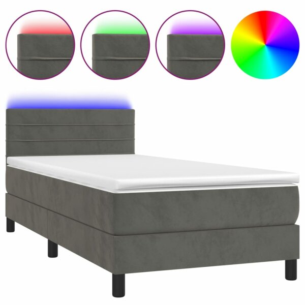 vidaXL Boxspringbett mit Matratze &amp; LED Dunkelgrau 100x200 cm Samt