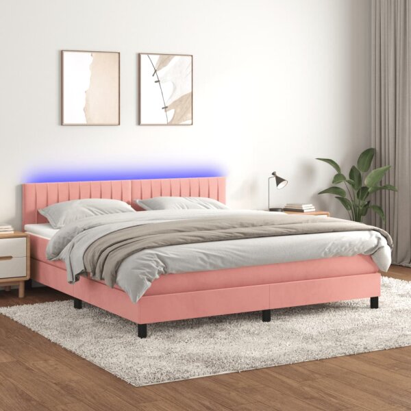 vidaXL Boxspringbett mit Matratze &amp; LED Rosa 160x200 cm Samt