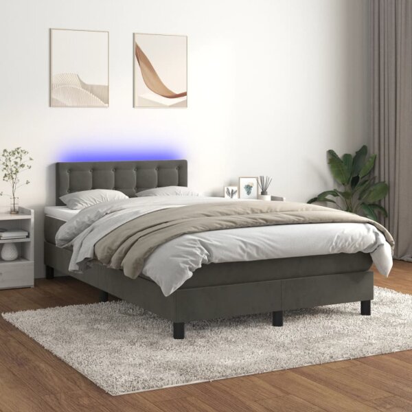 vidaXL Boxspringbett mit Matratze &amp; LED Dunkelgrau 120x200 cm Samt